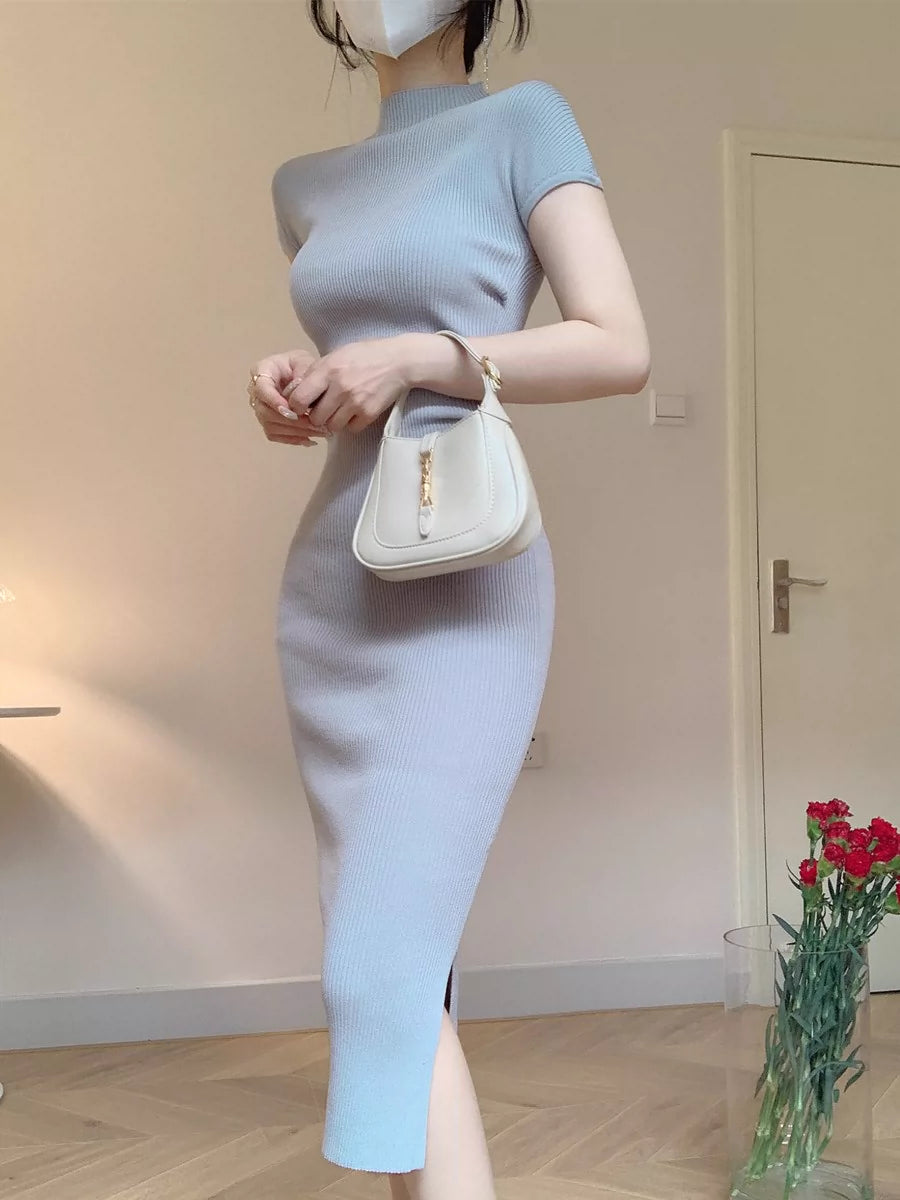 Summer 2024 Women Tight Slim fit Sheath Sexy Temperament Slimming Bottoming Knitted Ice Silk Dress Split Skirts