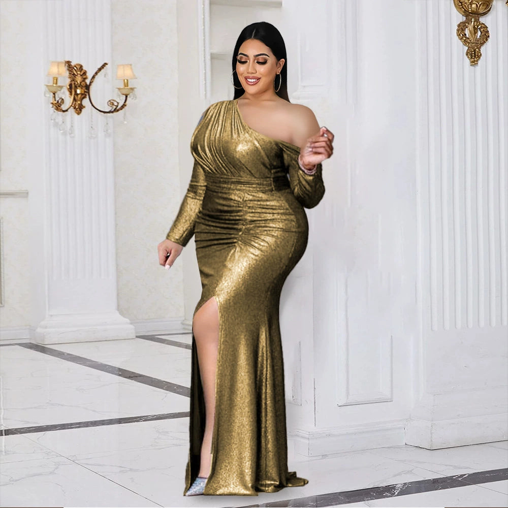 Plus Size One Shoulder Gold Ruched Dress Gold xxl factory direct Plus Size One Shoulder Gold Ruched Dress Gold xxl factory direct
