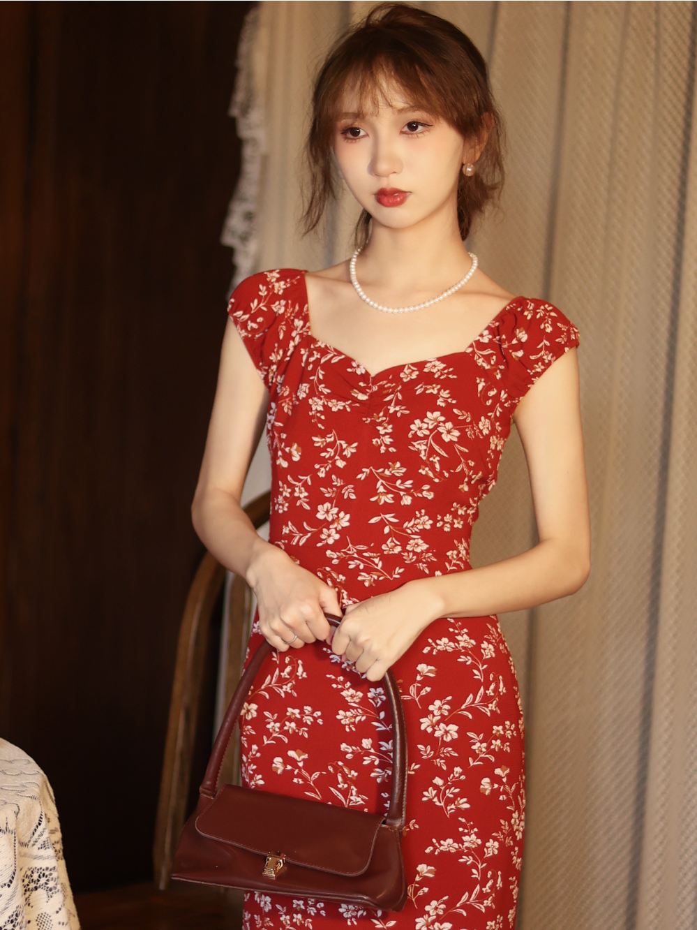 Retro V-neck Hip Red Small Floral Women's Summer Holiday Skirt