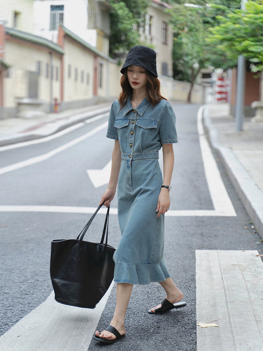 Summer Washed Women Workwear Fishtail Denim Dress