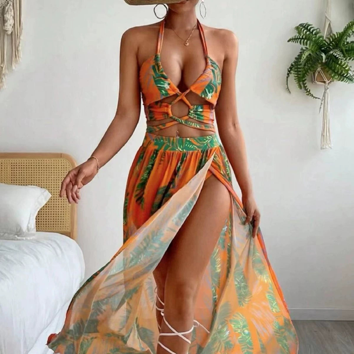 Amazon New 2024 Fashion Long Skirt Swimsuit Cover up Bikini Beach Skirt Three Piece Swimsuit Women's