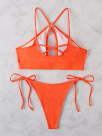 Cut Out Triangle Split Swimsuit Shoelace Bikini Women's Swimsuit with Chest Pad Solid Color Sexy Bikini