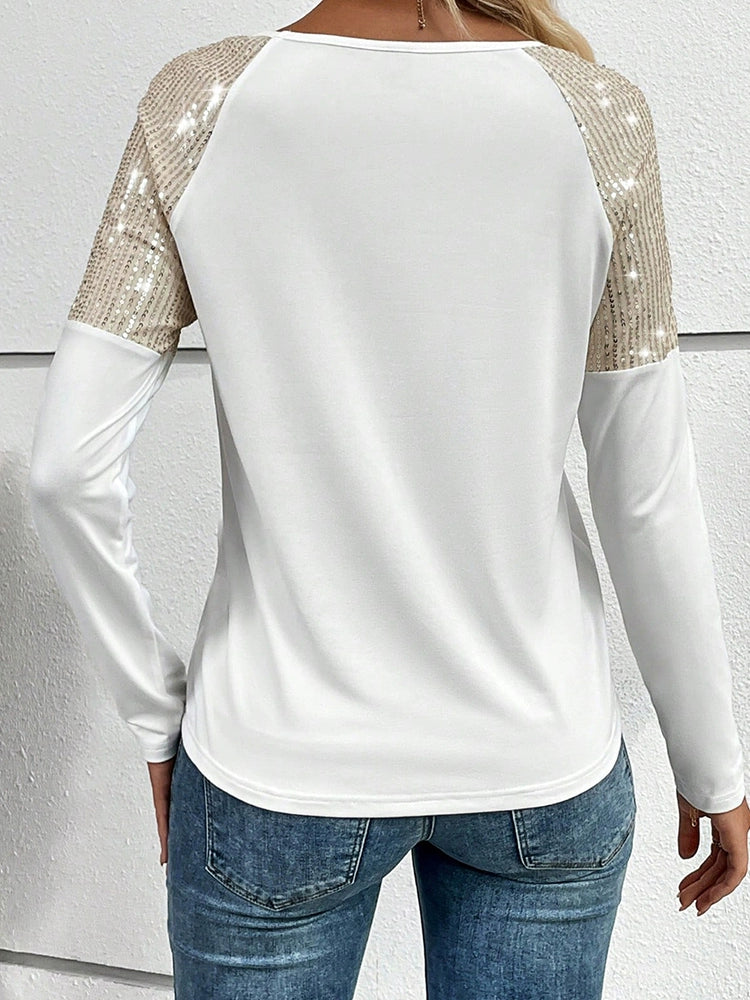 Fall and Winter European and American Stitching Black Long Sleeves Pullover Sequin