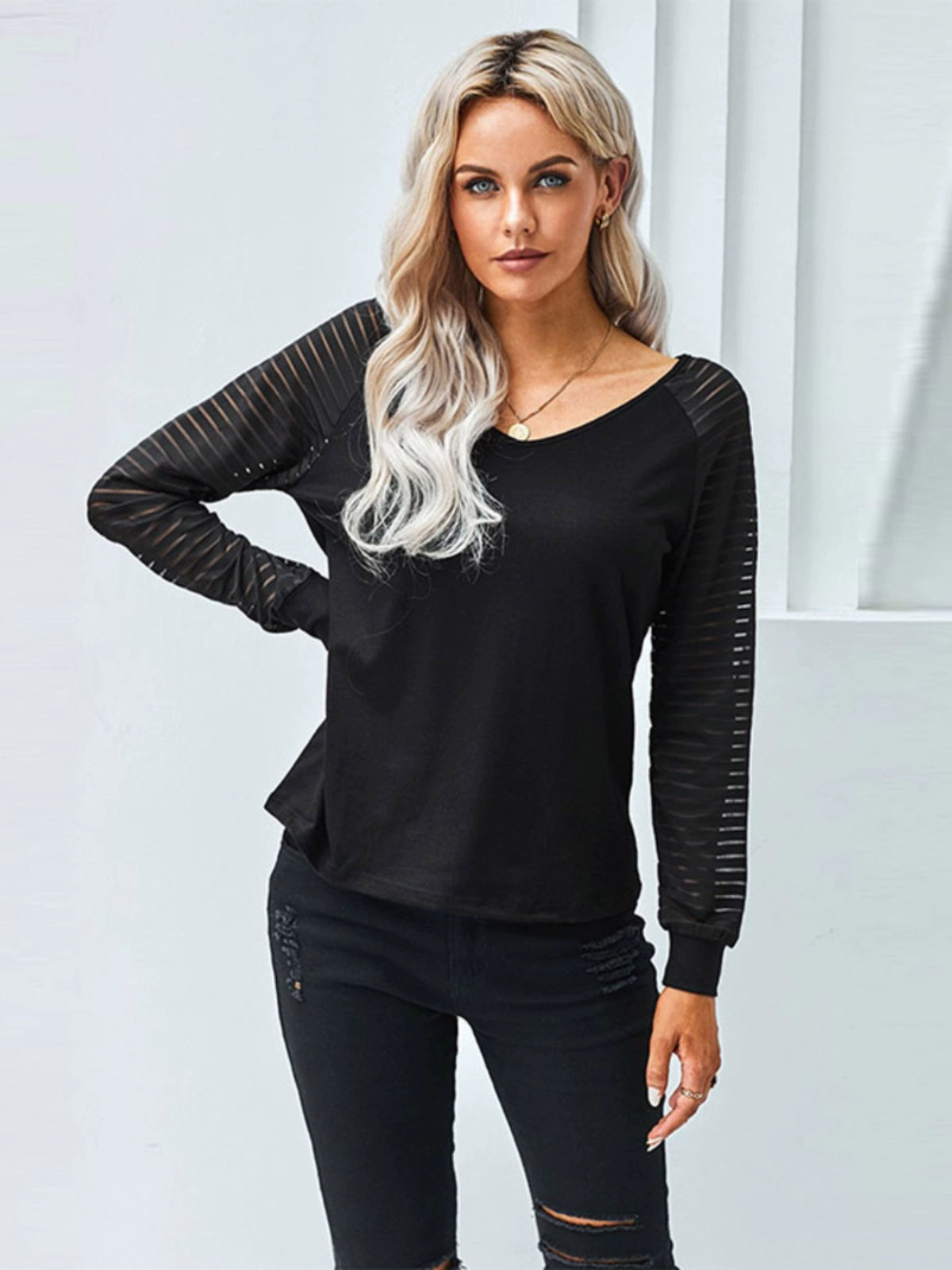 Fall and Winter Cut Out Simple European and American Style Fashion Long Sleeve Top