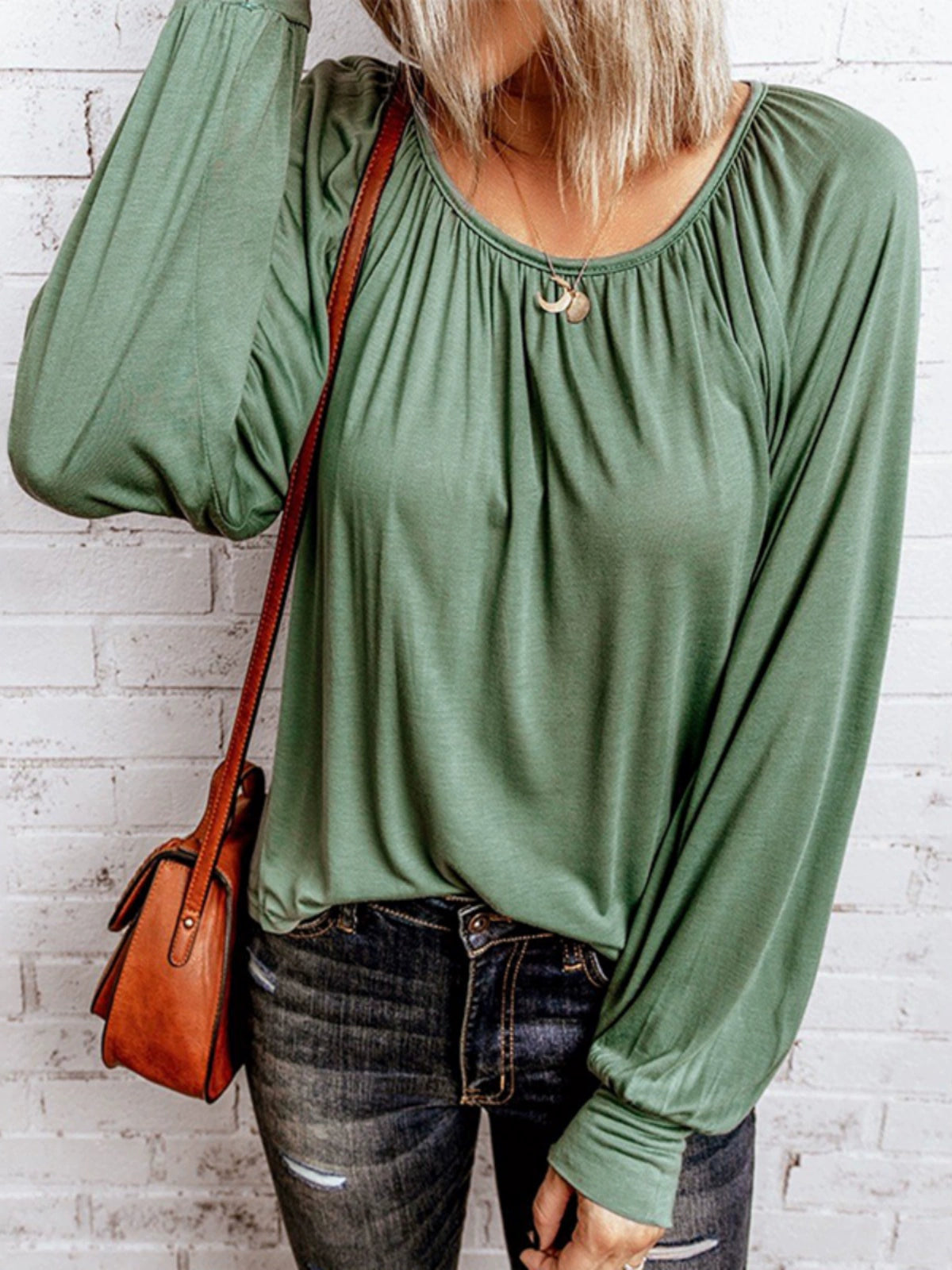 Fashion Long Sleeves T-shirt Women's Thin Green Easiest for Match 2024 New Arrival Cufflinks Easiest for Match round Neck Base Pullover Women