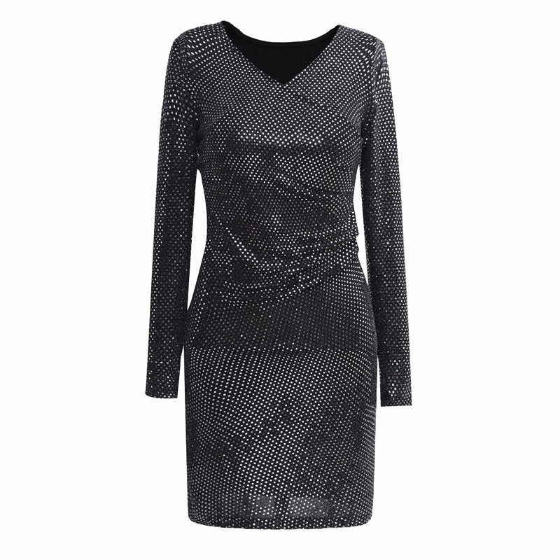 Women's Evening Slim-Fit Long-Sleeved Dress with Sequins for Autumn and Winter