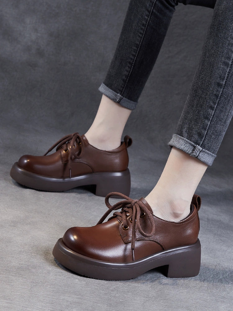 Single-Layer Shoes Women's Spring and Autumn 2023 New Chunky Heel Lace-up British round Toe High Heel Women's Shoes Soft Leather Autumn All-Match Small Leather Shoes