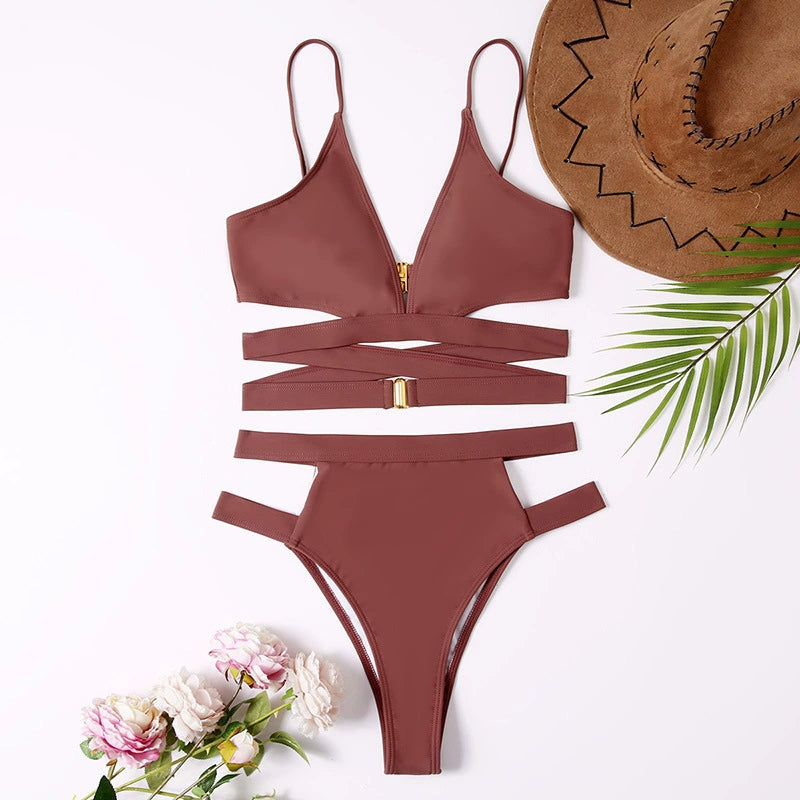 Fashion Slim Looking Pure Color Separates Swimsuit High Waist Bikini Cross Sexy Bikini with Chest Pad Swimming Suit Women