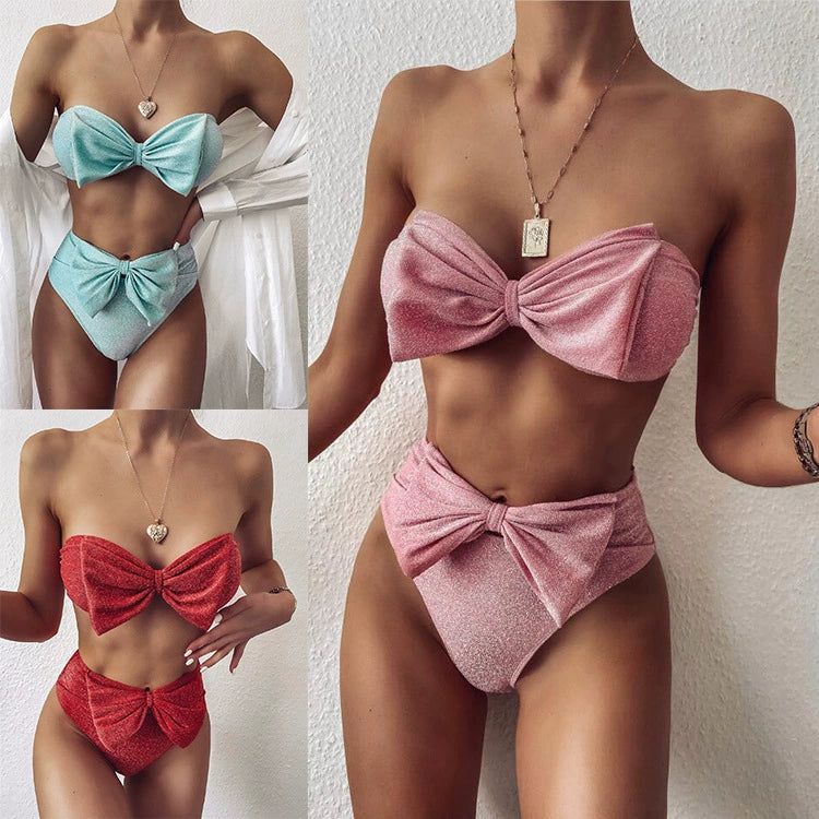 Bright Silk Bikini Wrapped Chest Bow Split Swimsuit Goddess Temperament Sexy Swimsuit European and American High Waist Bikini