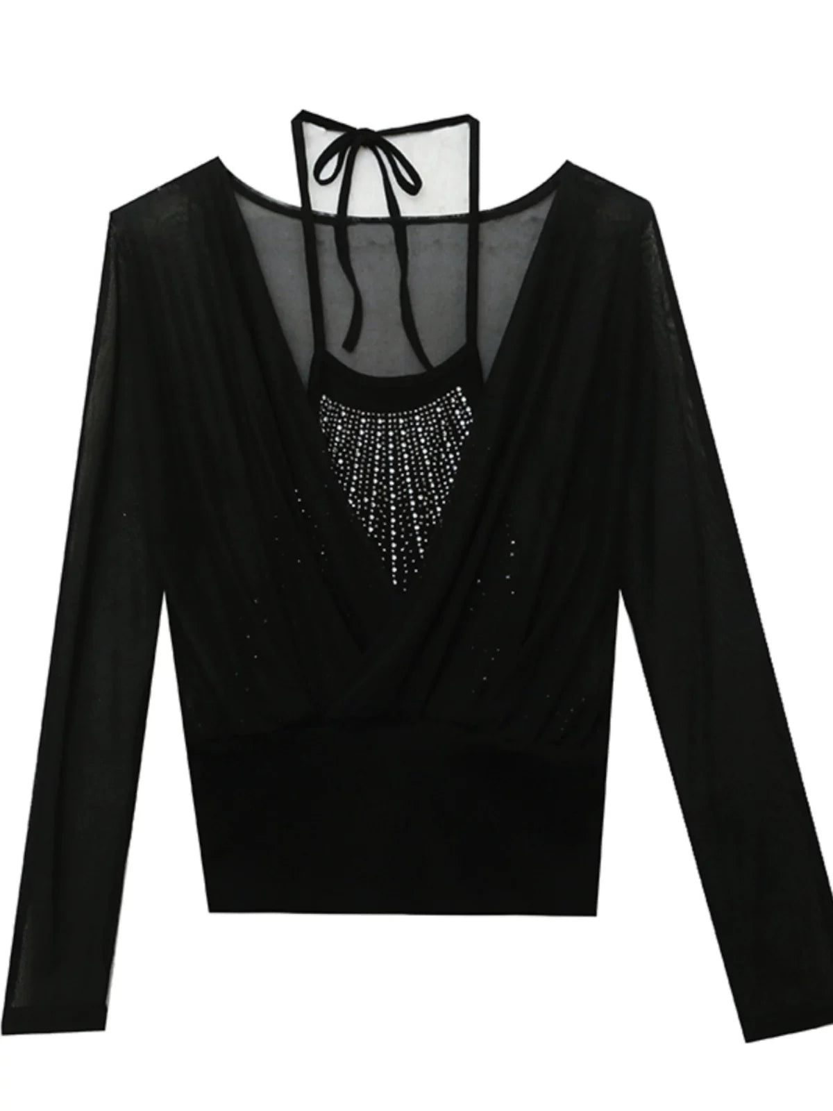 Fashion Sexy Mesh Bottoming Shirt Stylish Halterneck Rhinestone Strappy T-shirt Fake Two-Piece Tops Female Silm Baita