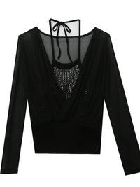 Fashion Sexy Mesh Bottoming Shirt Stylish Halterneck Rhinestone Strappy T-shirt Fake Two-Piece Tops Female Silm Baita