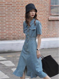 Summer Washed Women Workwear Fishtail Denim Dress