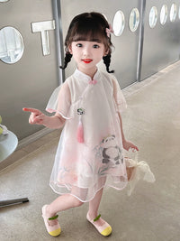Kids Cartoon Panda Cheongsam Dress A- line Style Girls' Buckle Chinese Ancient Style Stitching Gauze Dress Children's Summer Clothes Dress