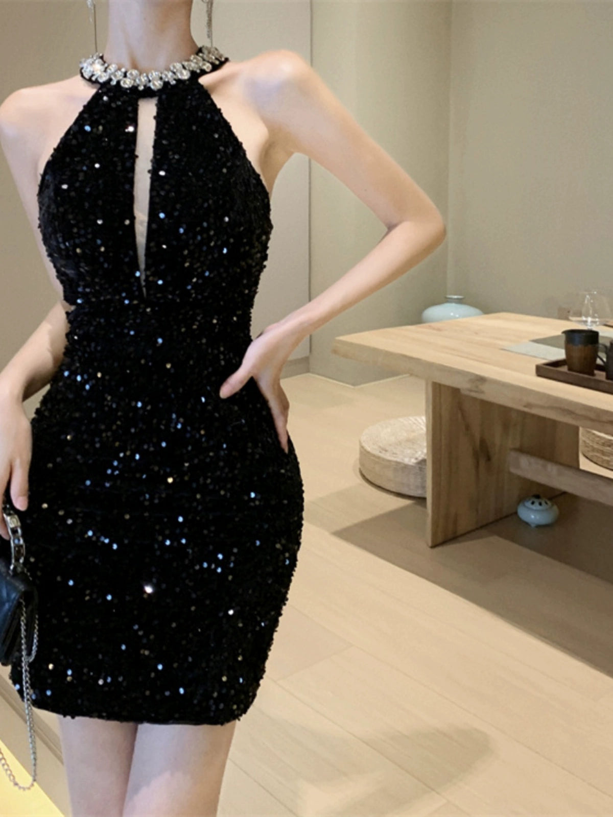 Exquisite Rhinestone Socialite Glitter A- line Skirt Halterneck