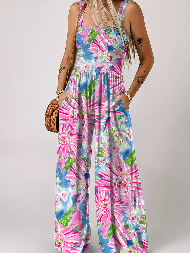 Fashion Smocking Thin Print High Waist Jumpsuit