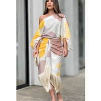 Europe and America Cross Border 2024 New Arrival Print Lantern Sleeve Loose Tops Fashion Tassel Hem Skirt Women's Two Pieces