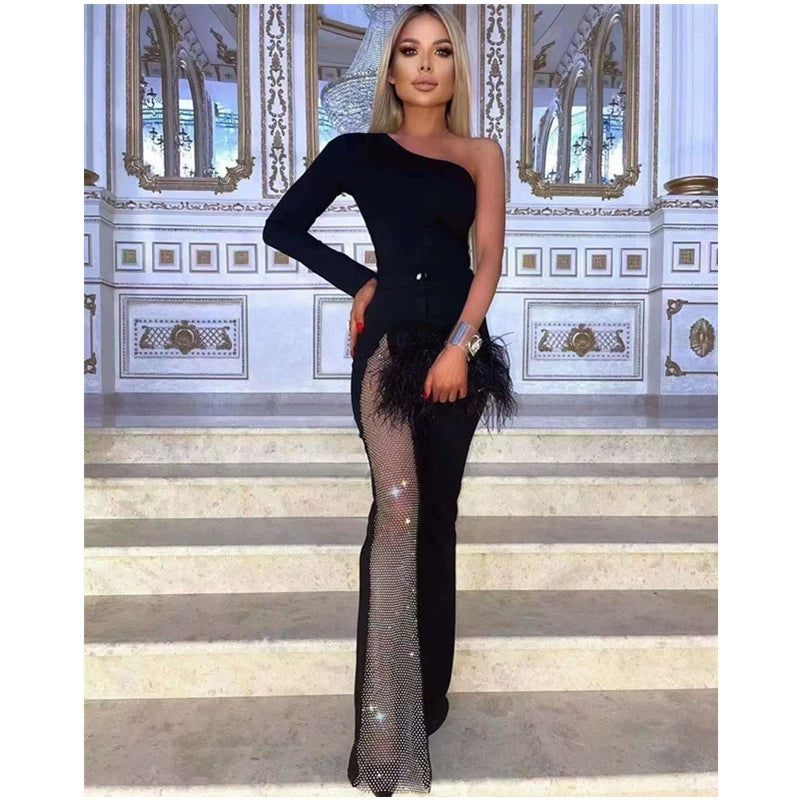 One-Shoulder Long-Sleeve Small Horn Sexy See-through Jumpsuit