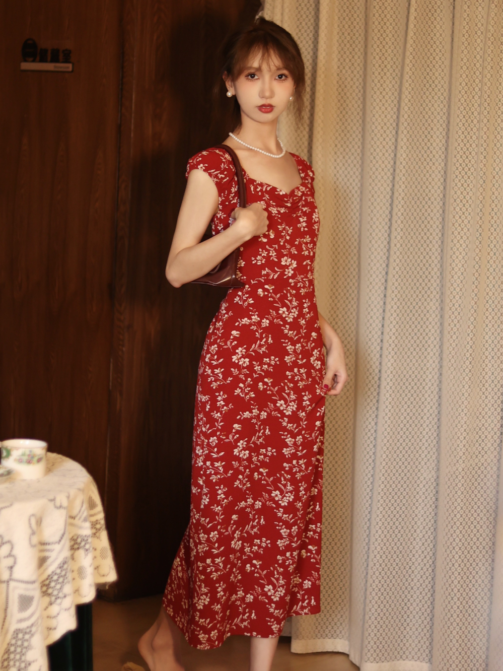 Retro V-neck Hip Red Small Floral Women's Summer Holiday Skirt