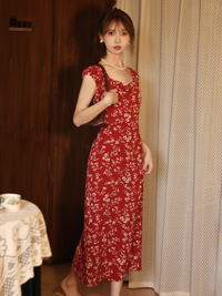 Retro V-neck Hip Red Small Floral Women's Summer Holiday Skirt