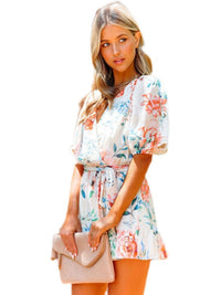 Lace-up Waist-Controlled Floral Print Loose Short-Sleeved V-neck Jumpsuit