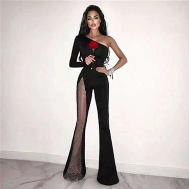 One-Shoulder Long-Sleeve Small Horn Sexy See-through Jumpsuit