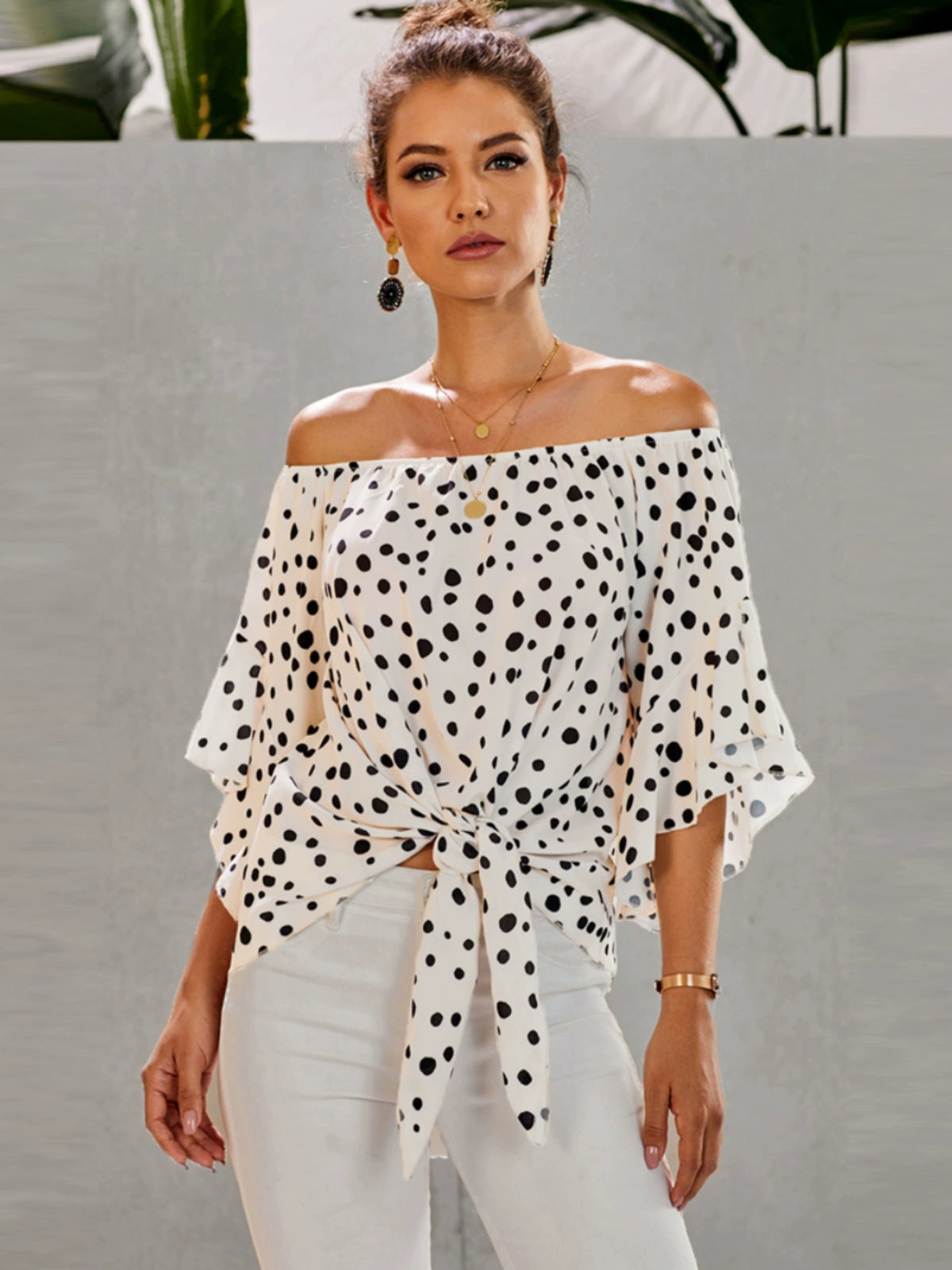 Shiying off-Shoulder Regular Sleeve Polka Dot Top T-shirt