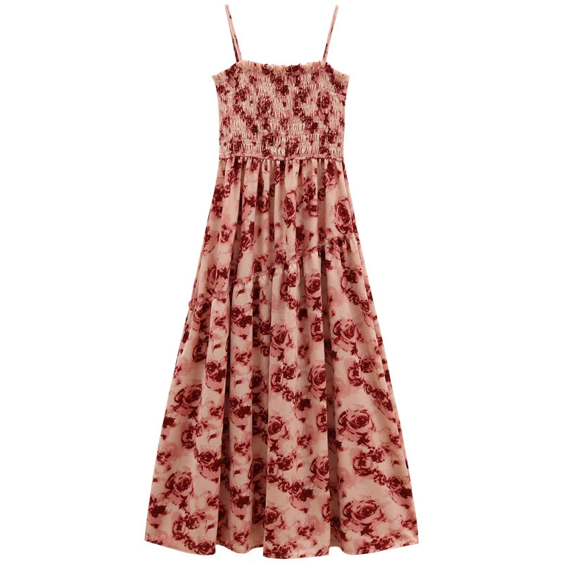 Pleated Suspender Dress Vacation Style Rose Print