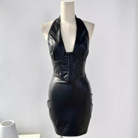 Foreign Trade Original Order European and American Style Fashionable Deep V-neck Halter PU Leather Waist-Tight Slim and Sexy Backless Hip-Wrapped Dress