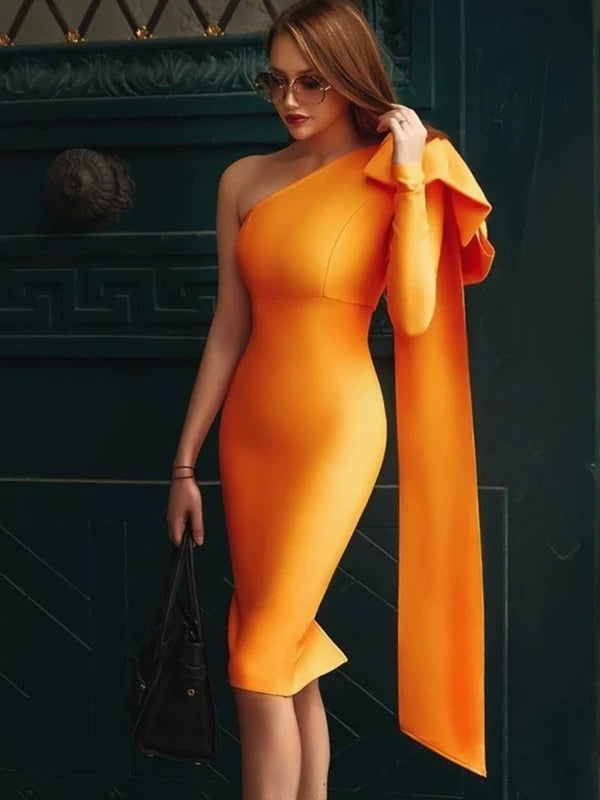 Slim-Fit Orange New One-Shoulder Long Sleeve Stretch Bandage Dress Thin Elegant Bandage Dress Evening Gown Elegant Socialite