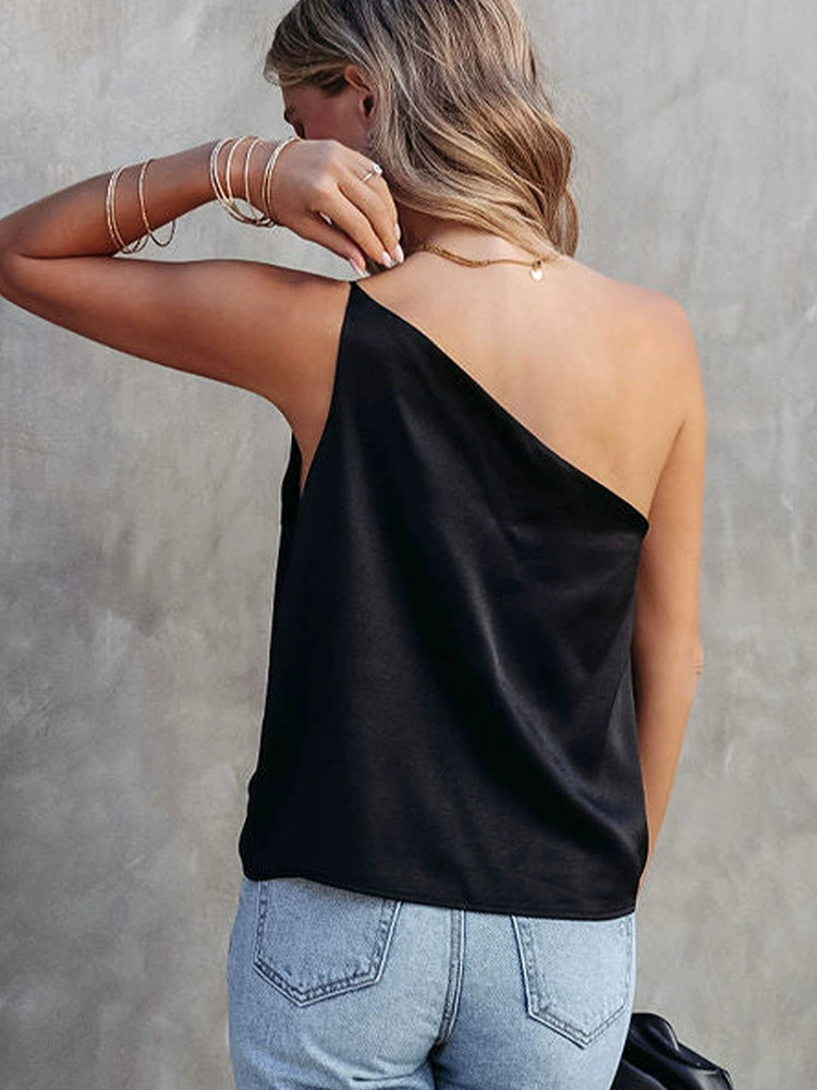 Black One Shoulder Thin Section Vest Women 2024 Summer New Slim fit Slimming Sexy Sleeveless Sling Sloping Shoulder Top