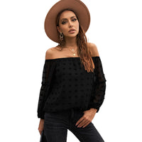 European and American Sexy Pure Color Chiffon Shirt Women New Arrival off-Shoulder Design Embroider Long Sleeves Tops Women 2517298