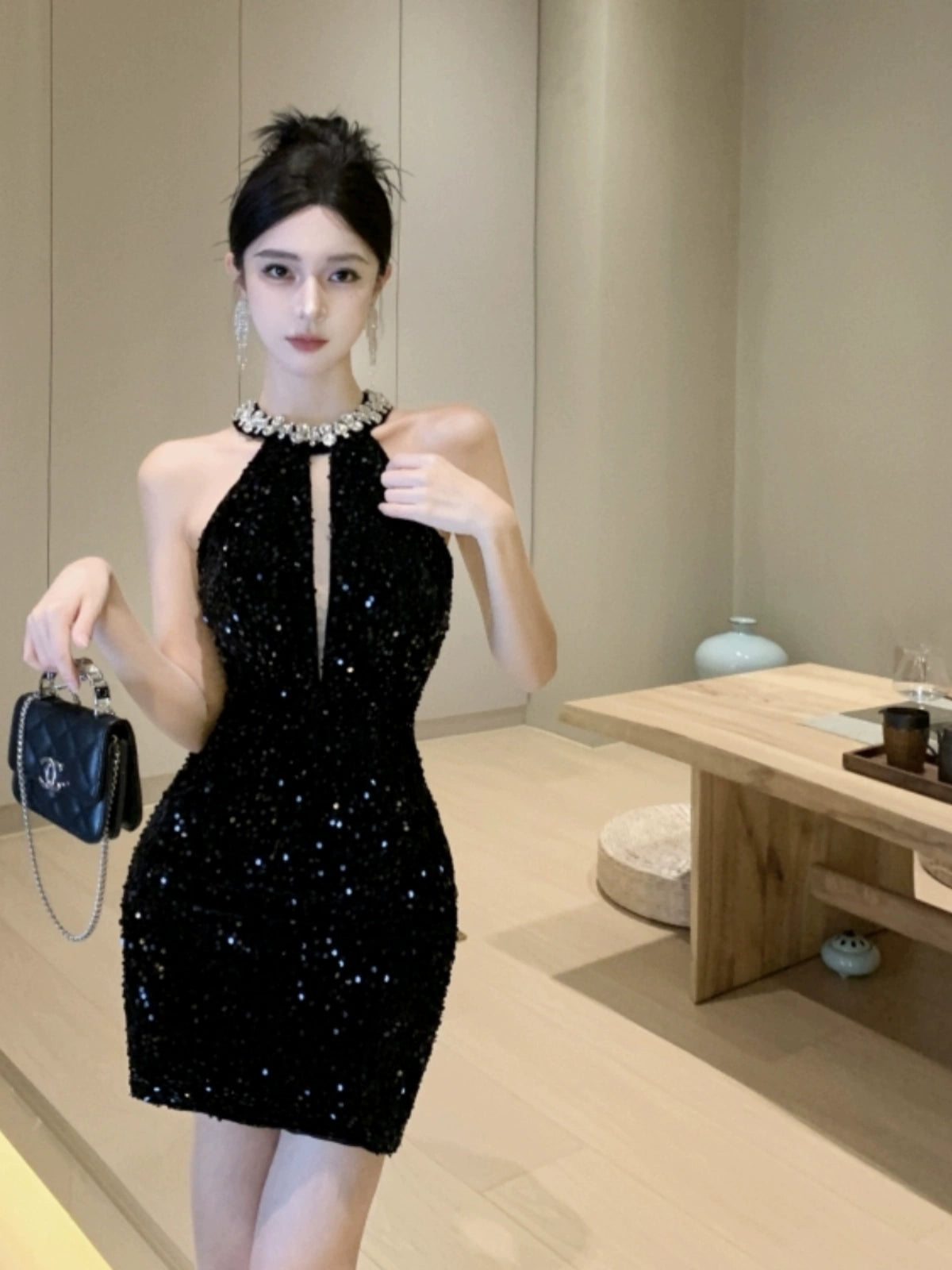 Exquisite Rhinestone Socialite Glitter A- line Skirt Halterneck