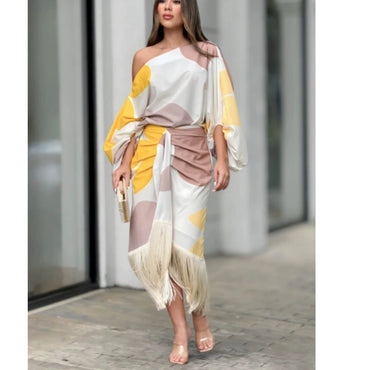 Europe and America Cross Border 2024 New Arrival Print Lantern Sleeve Loose Tops Fashion Tassel Hem Skirt Women's Two Pieces