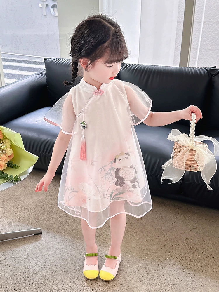 Kids Cartoon Panda Cheongsam Dress A- line Style Girls' Buckle Chinese Ancient Style Stitching Gauze Dress Children's Summer Clothes Dress