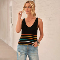 Off-the-Shoulder Fashion Fashion Color Contrast Stripes V Neck Vest
