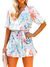 Lace-up Waist-Controlled Floral Print Loose Short-Sleeved V-neck Jumpsuit