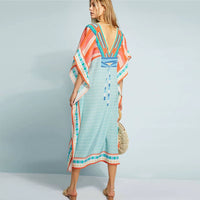 Fashion Polyester Print Front and Back V-neck Beach Cover-up Seaside Holiday Shirt Dress Bikini Cover