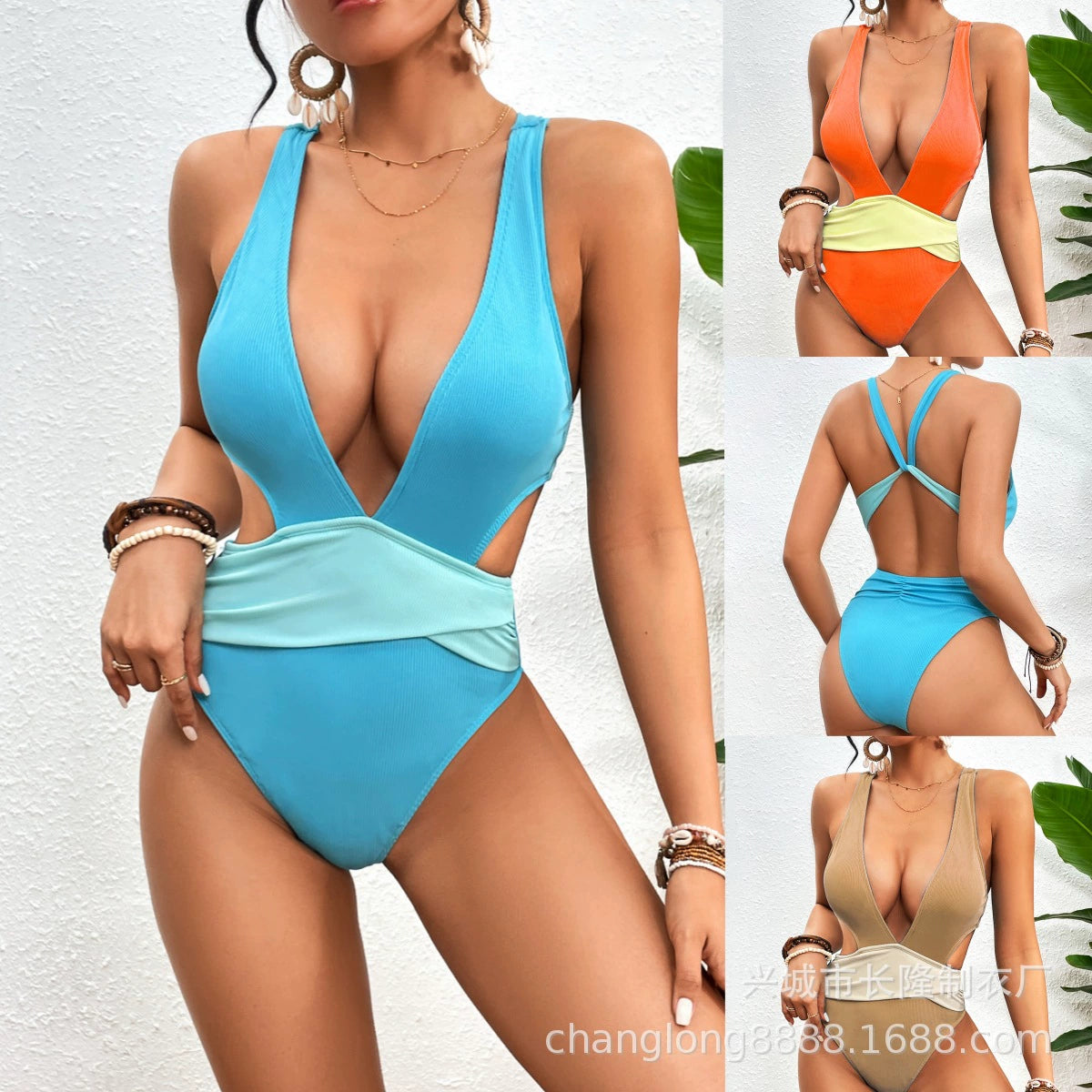 2024 Cross-Border One-Piece Swimsuit for Women Sexy Open Back Pure Color Fashion Export Swimsuit Pit Stripes Bikini Export