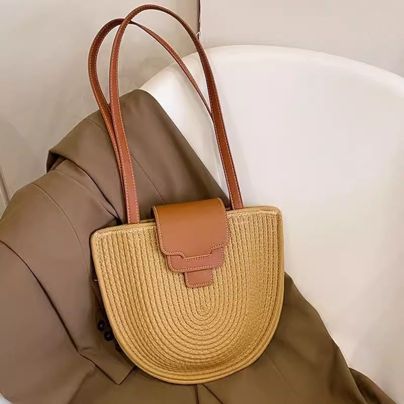 Retro Pink Semicircle Seaside Travel Straw Woven Bag