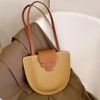 Retro Pink Semicircle Seaside Travel Straw Woven Bag