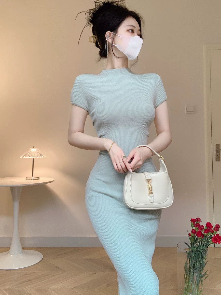 Summer 2024 Women Tight Slim fit Sheath Sexy Temperament Slimming Bottoming Knitted Ice Silk Dress Split Skirts