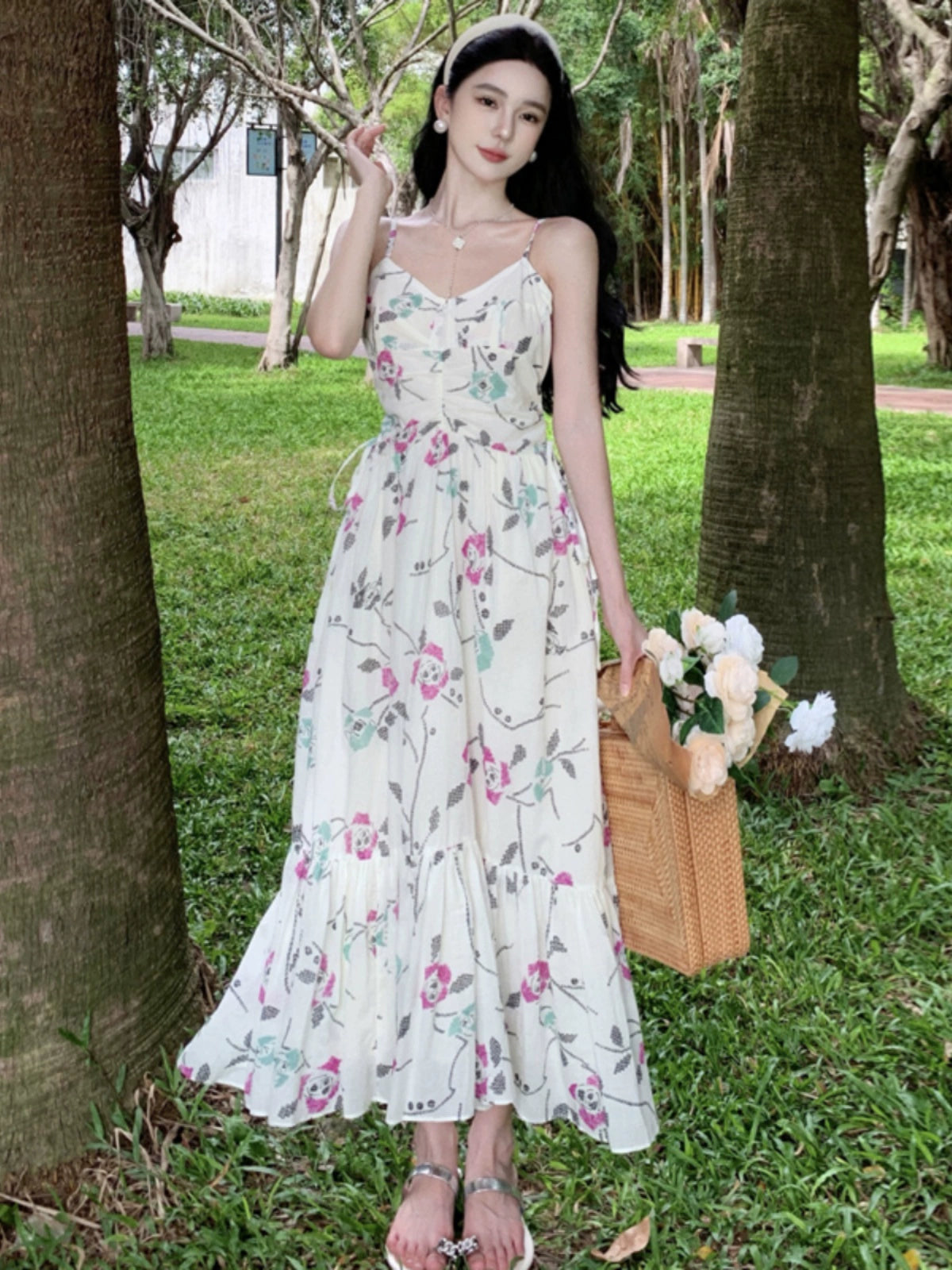 Dopamine French Sweet Style Slip Floral Chiffon Dress Summer New Seaside Atmosphere Waist-Slimming Long Dress