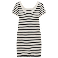 Stripes Summer Elegant Square Collar Slimming Short Sleeve Dress