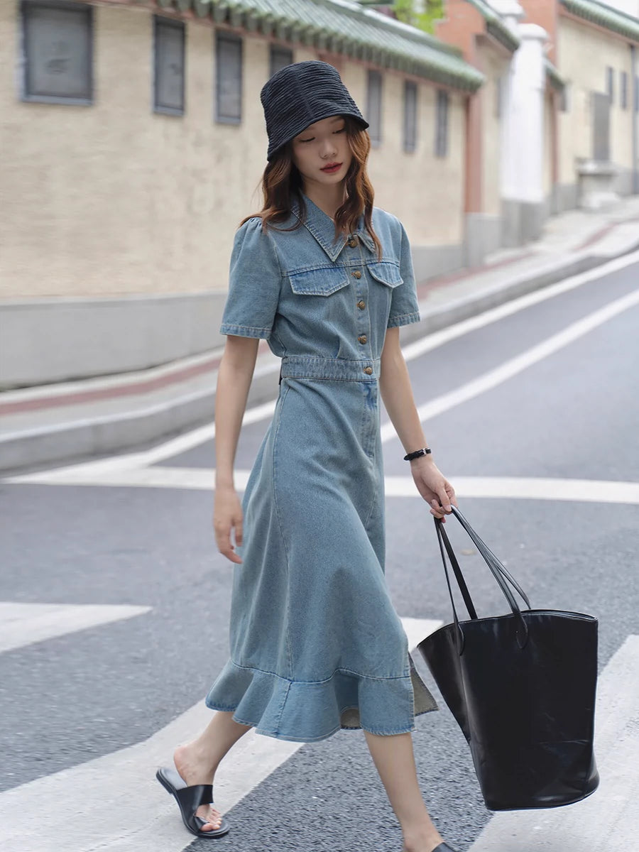 Summer Washed Women Workwear Fishtail Denim Dress