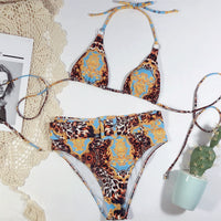 Halter Metal Ring Printed Hollow out Strap Sexy Bikini High Waist Bikini Belt Swimsuit Split Swimsuit