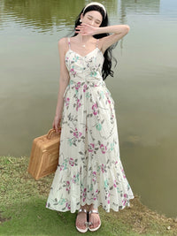 Dopamine French Sweet Style Slip Floral Chiffon Dress Summer New Seaside Atmosphere Waist-Slimming Long Dress