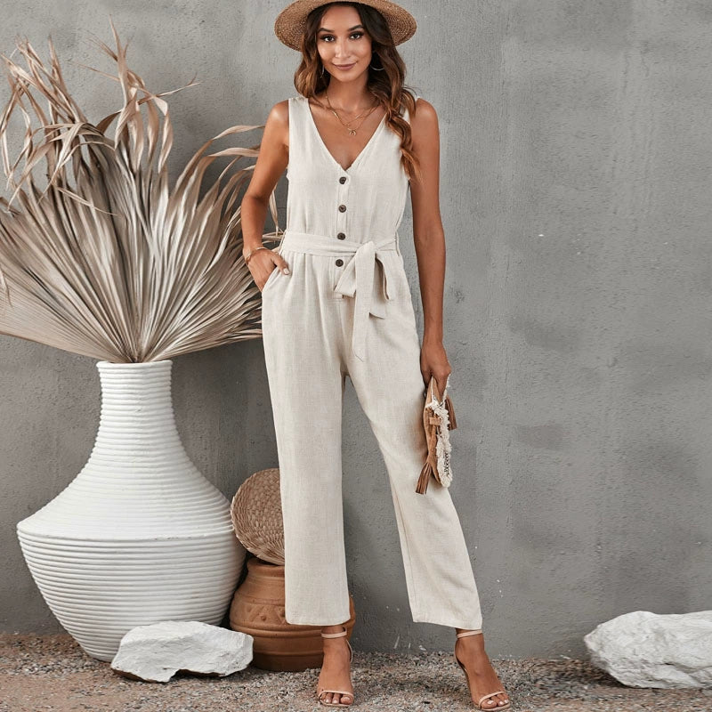 Lace-up Waist-Controlled Solid Color European and American Deep V-neck Slim-Fit Jumpsuit