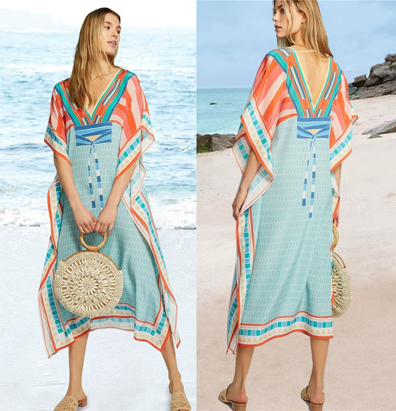 Fashion Polyester Print Front and Back V-neck Beach Cover-up Seaside Holiday Shirt Dress Bikini Cover