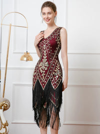 1920S Retro Double-Layered Tassel Dress Gatsby Prom Sequin Dress Party V-neck Bead Dance Dress