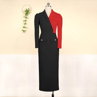 European and American-Style Large-Size Long-Sleeve Contrast Color High-Waist Performance Dress